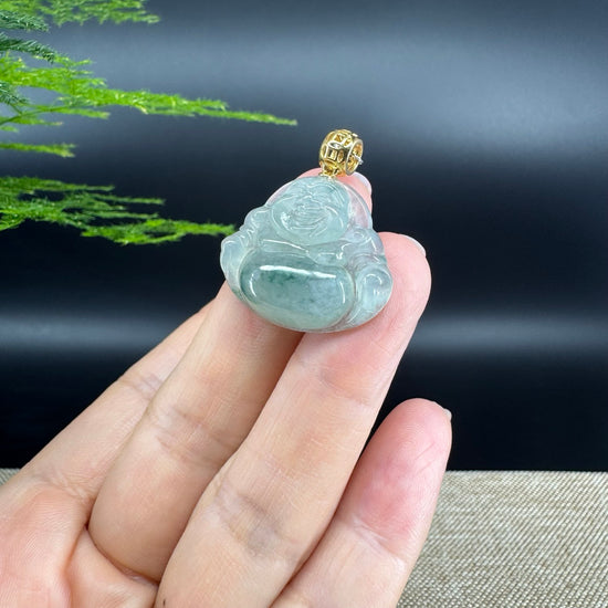 18K Yellow Gold Burmese Icy Green Jadeite Jade Happy Buddha Pendant