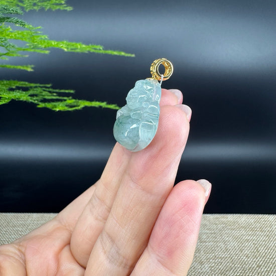 18K Yellow Gold Burmese Icy Green Jadeite Jade Happy Buddha Pendant