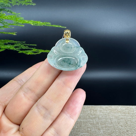 18K Yellow Gold Burmese Icy Green Jadeite Jade Happy Buddha Pendant