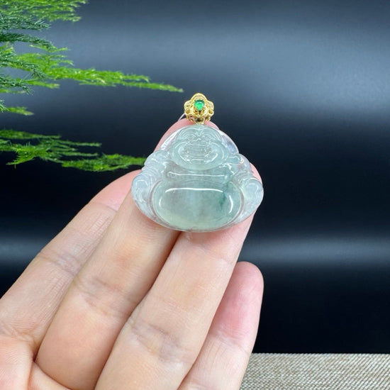 18K Yellow Gold Burmese Icy Green Jadeite Jade Happy Buddha Pendant