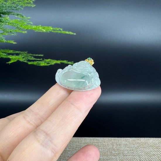 18K Yellow Gold Burmese Icy Green Jadeite Jade Happy Buddha Pendant