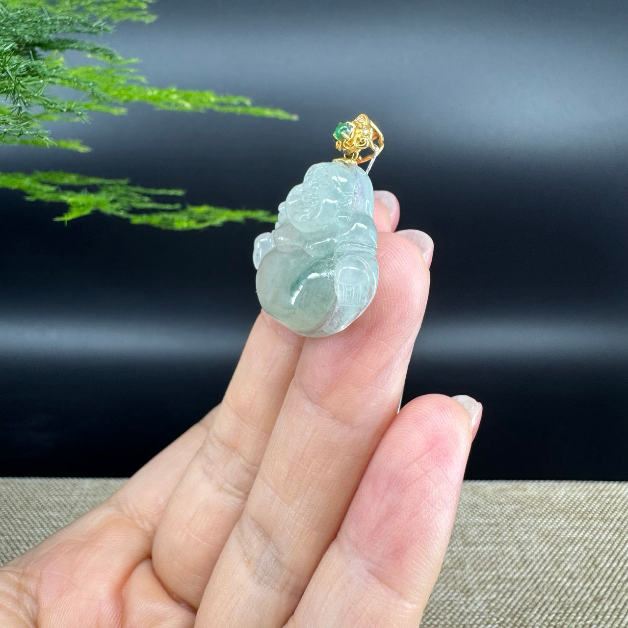 18K Yellow Gold Burmese Icy Green Jadeite Jade Happy Buddha Pendant