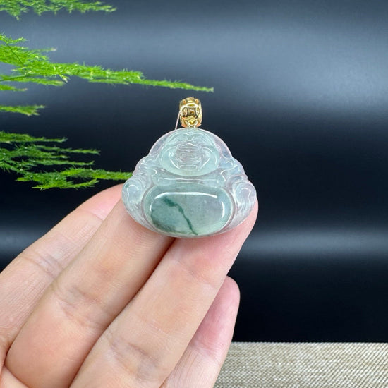 18K Yellow Gold Burmese Icy Green Jadeite Jade Happy Buddha Pendant