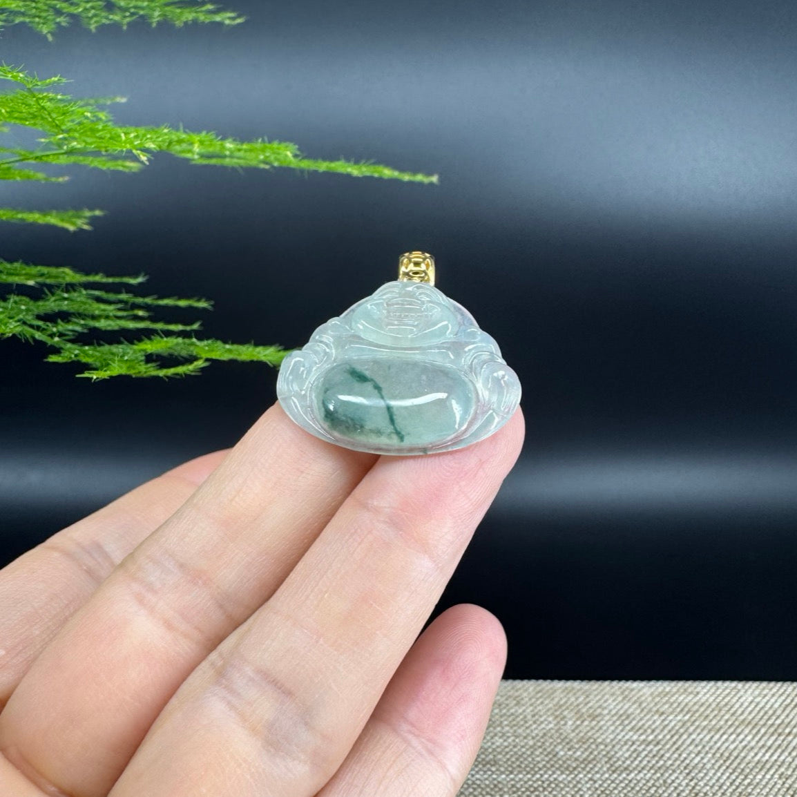 18K Yellow Gold Burmese Icy Green Jadeite Jade Happy Buddha Pendant