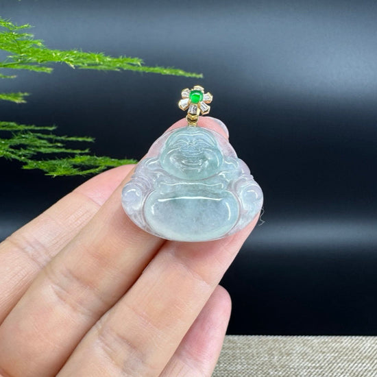 18K Yellow Gold Burmese Icy Green Jadeite Jade Happy Buddha Pendant