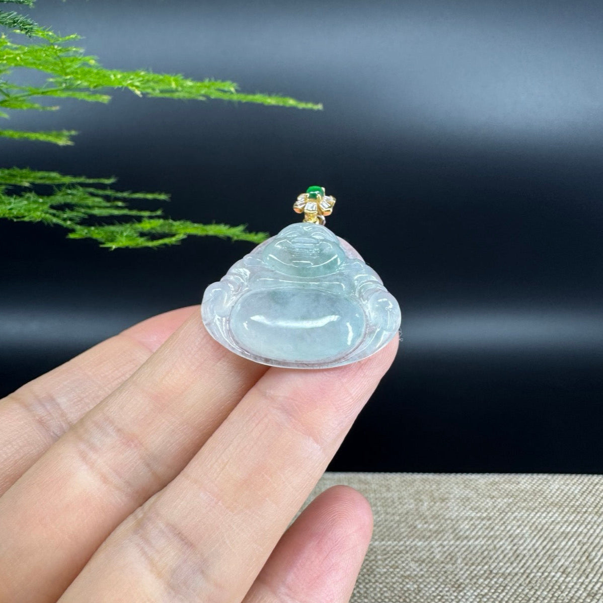 18K Yellow Gold Burmese Icy Green Jadeite Jade Happy Buddha Pendant