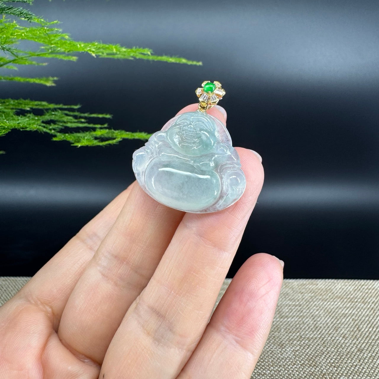 18K Yellow Gold Burmese Icy Green Jadeite Jade Happy Buddha Pendant