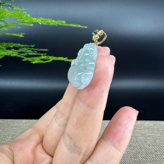 18K Yellow Gold Burmese Icy Green Jadeite Jade Happy Buddha Pendant