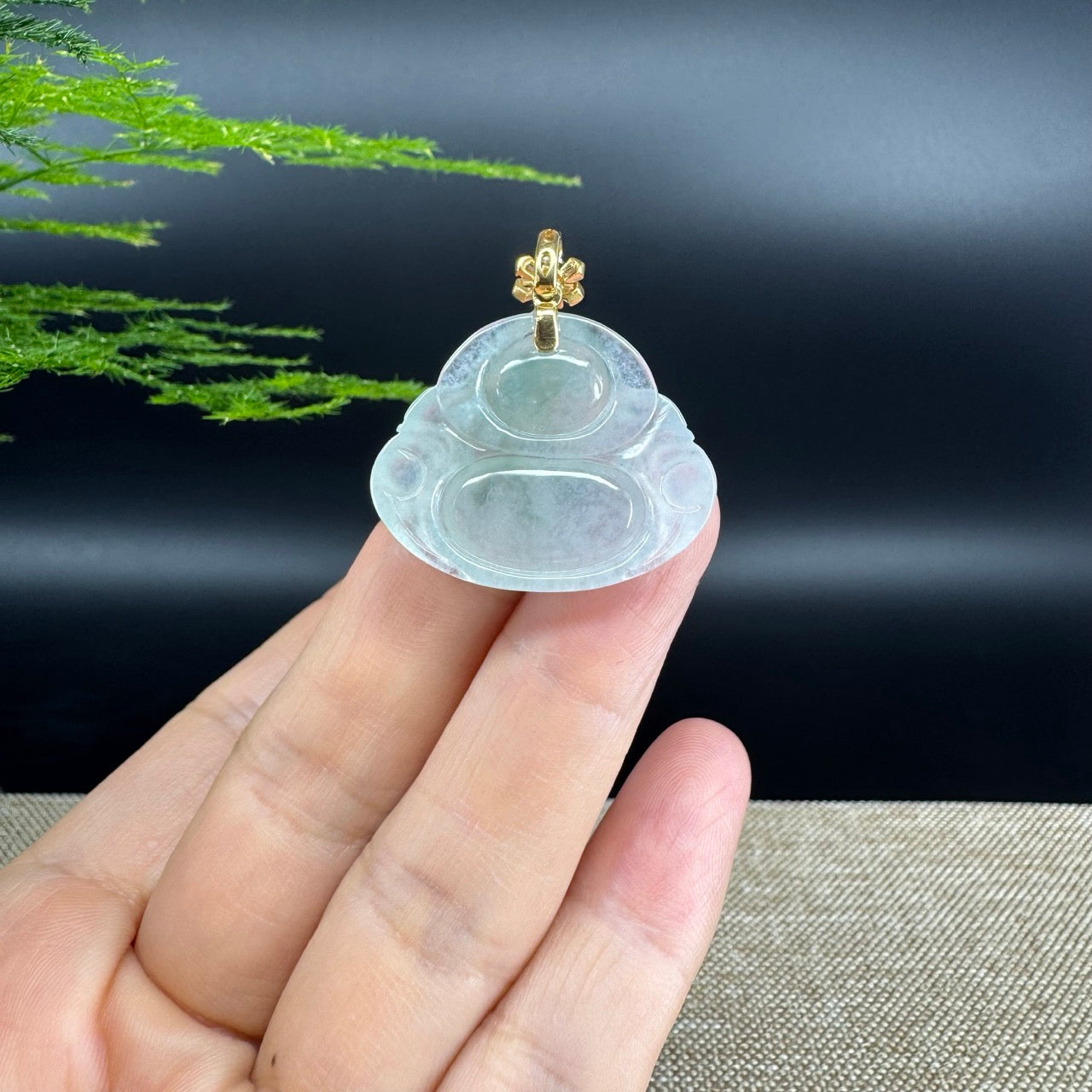 18K Yellow Gold Burmese Icy Green Jadeite Jade Happy Buddha Pendant