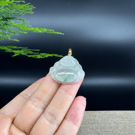 18K Yellow Gold Burmese Icy Green Jadeite Jade Happy Buddha Pendant