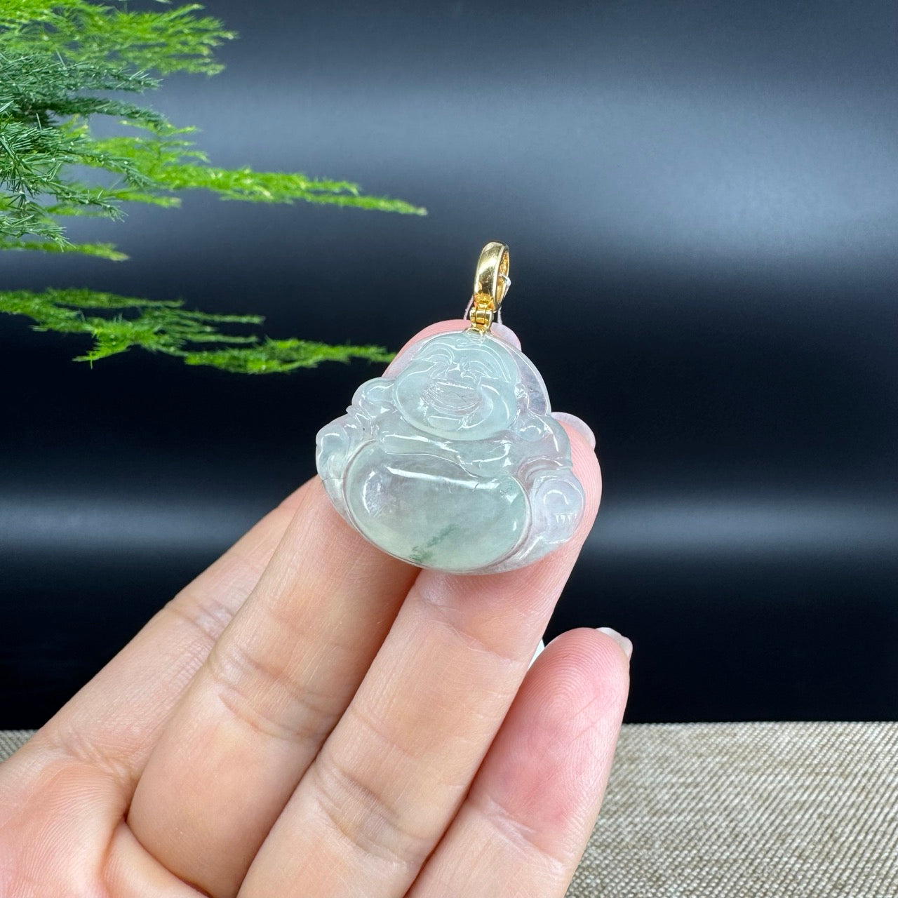 18K Yellow Gold Burmese Icy Green Jadeite Jade Happy Buddha Pendant