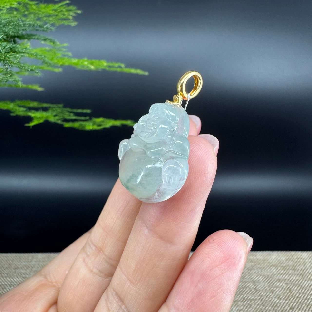 18K Yellow Gold Burmese Icy Green Jadeite Jade Happy Buddha Pendant