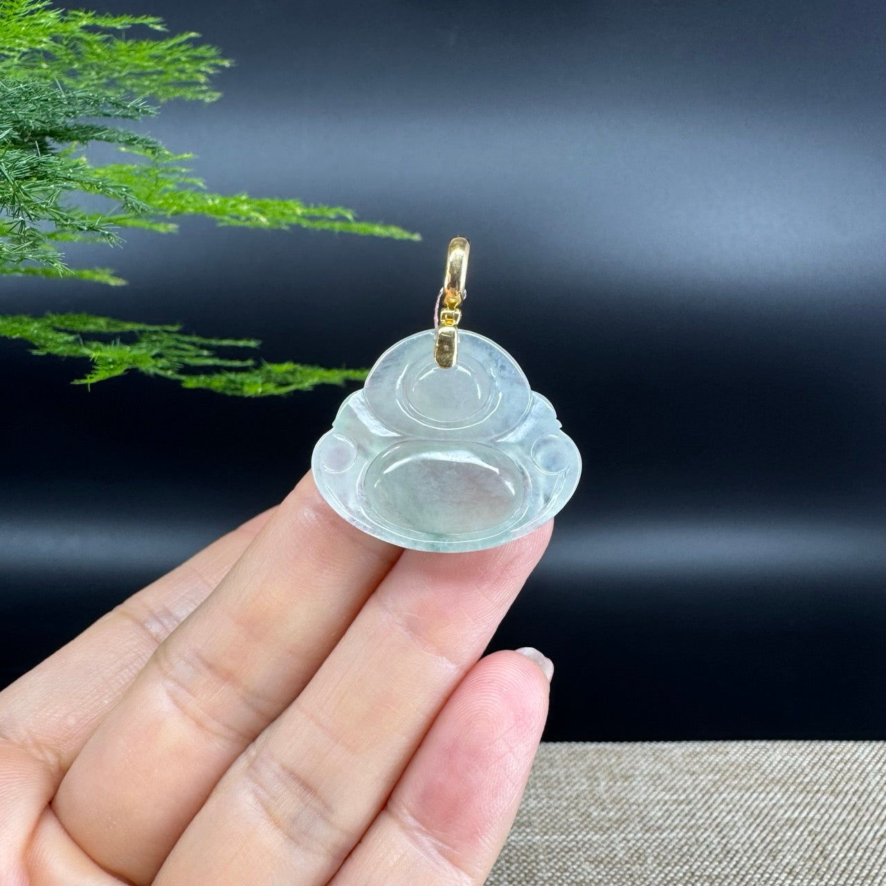 18K Yellow Gold Burmese Icy Green Jadeite Jade Happy Buddha Pendant