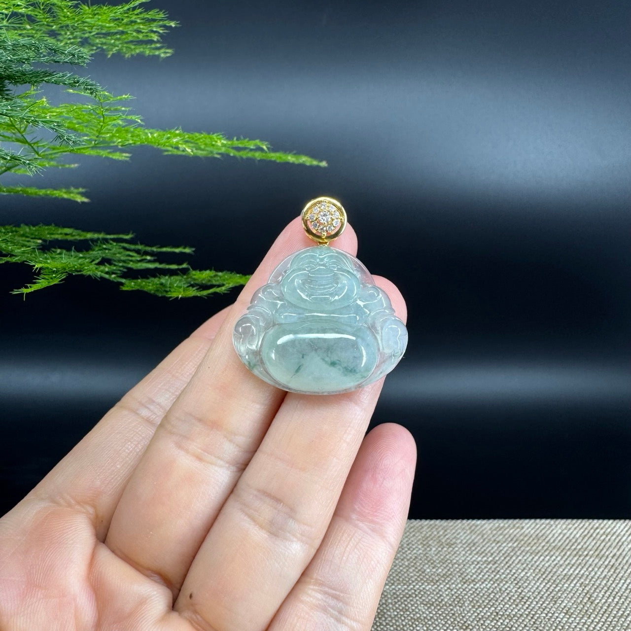 18K Yellow Gold Burmese Icy Green Jadeite Jade Happy Buddha Pendant