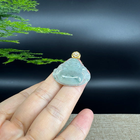18K Yellow Gold Burmese Icy Green Jadeite Jade Happy Buddha Pendant
