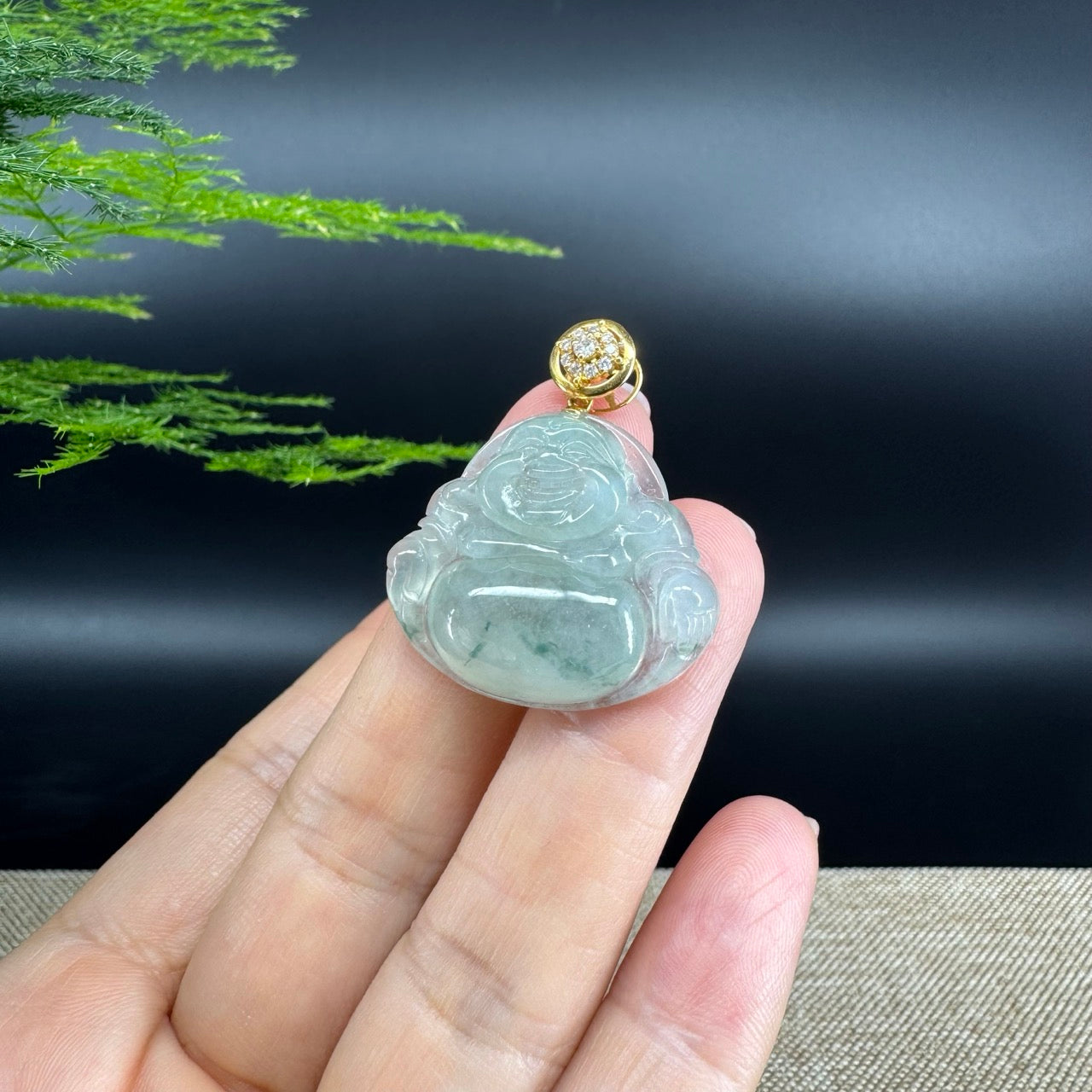 18K Yellow Gold Burmese Icy Green Jadeite Jade Happy Buddha Pendant