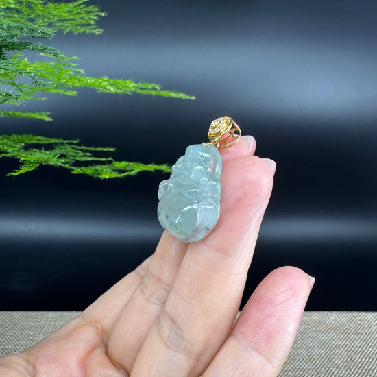 18K Yellow Gold Burmese Icy Green Jadeite Jade Happy Buddha Pendant