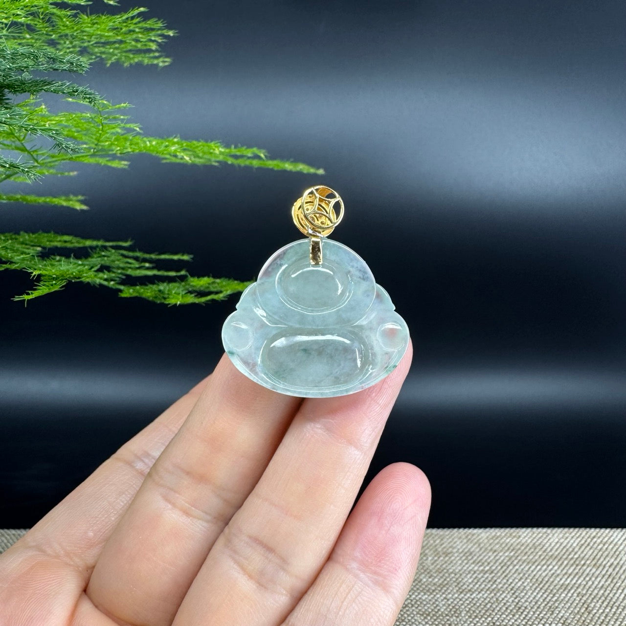 18K Yellow Gold Burmese Icy Green Jadeite Jade Happy Buddha Pendant