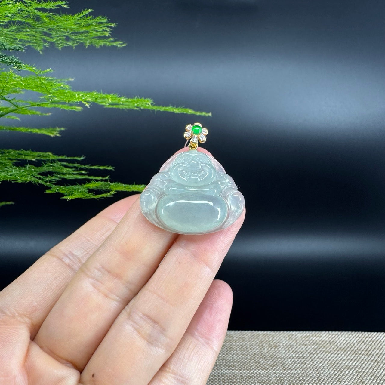18K Yellow Gold Burmese Icy Green Jadeite Jade Happy Buddha Pendant