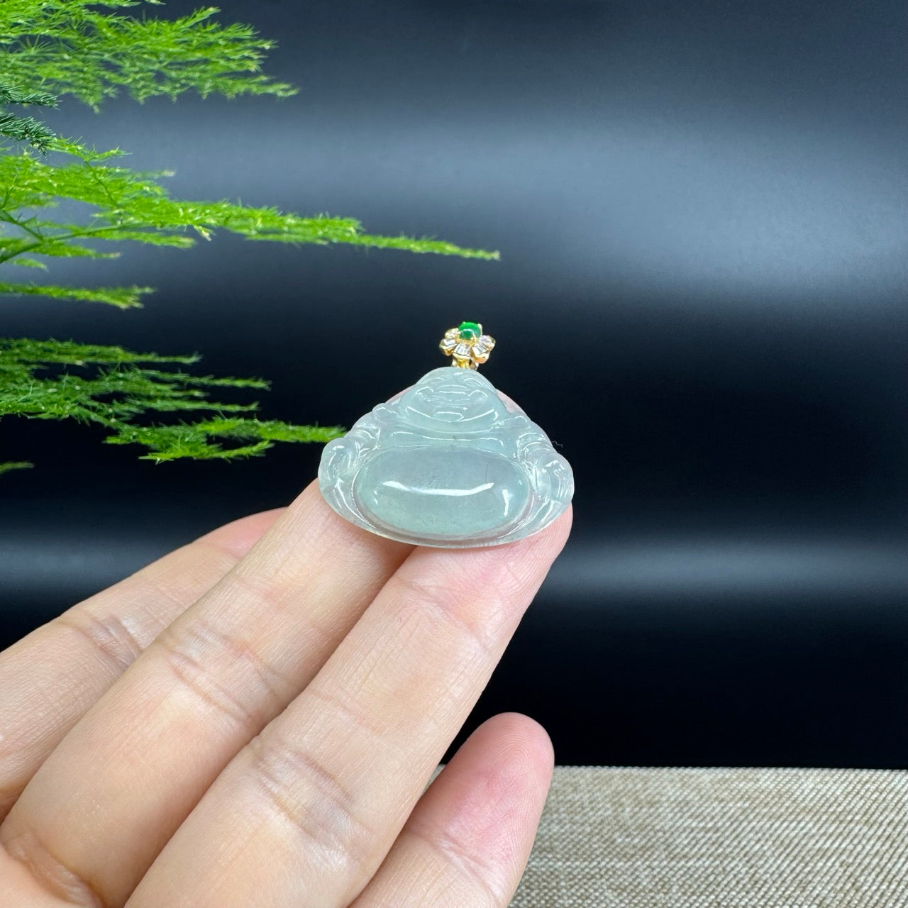 18K Yellow Gold Burmese Icy Green Jadeite Jade Happy Buddha Pendant