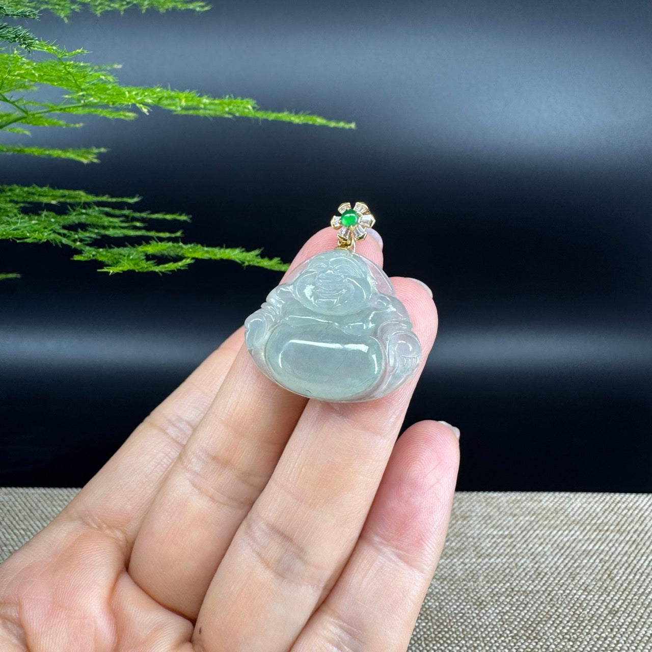 18K Yellow Gold Burmese Icy Green Jadeite Jade Happy Buddha Pendant