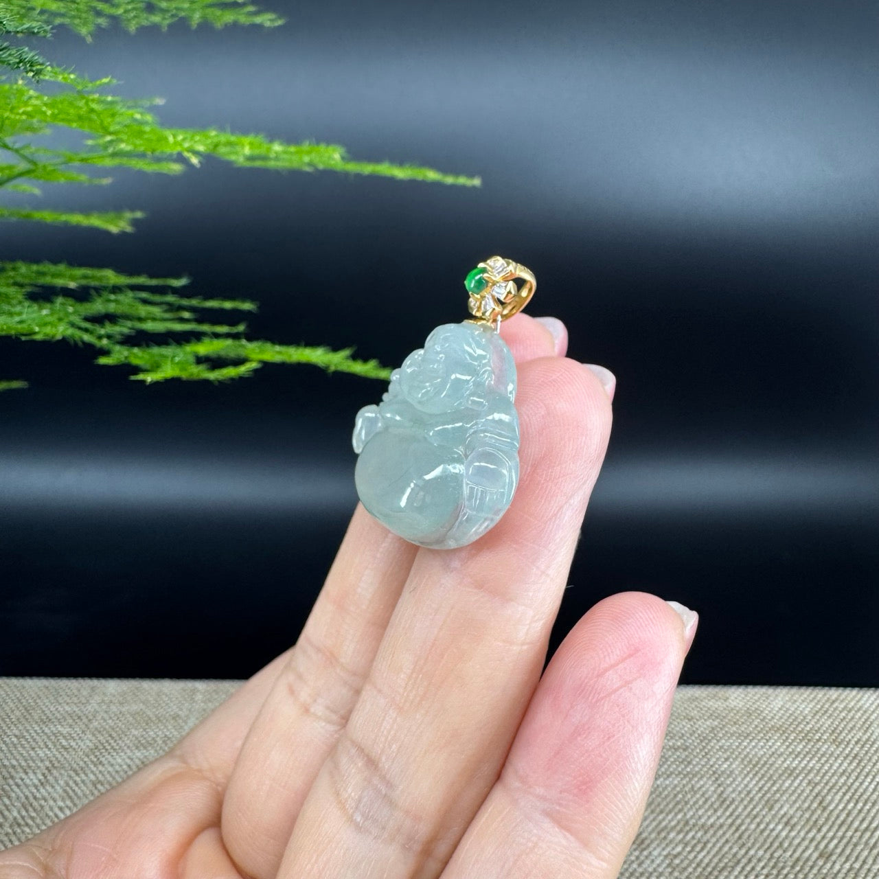 18K Yellow Gold Burmese Icy Green Jadeite Jade Happy Buddha Pendant