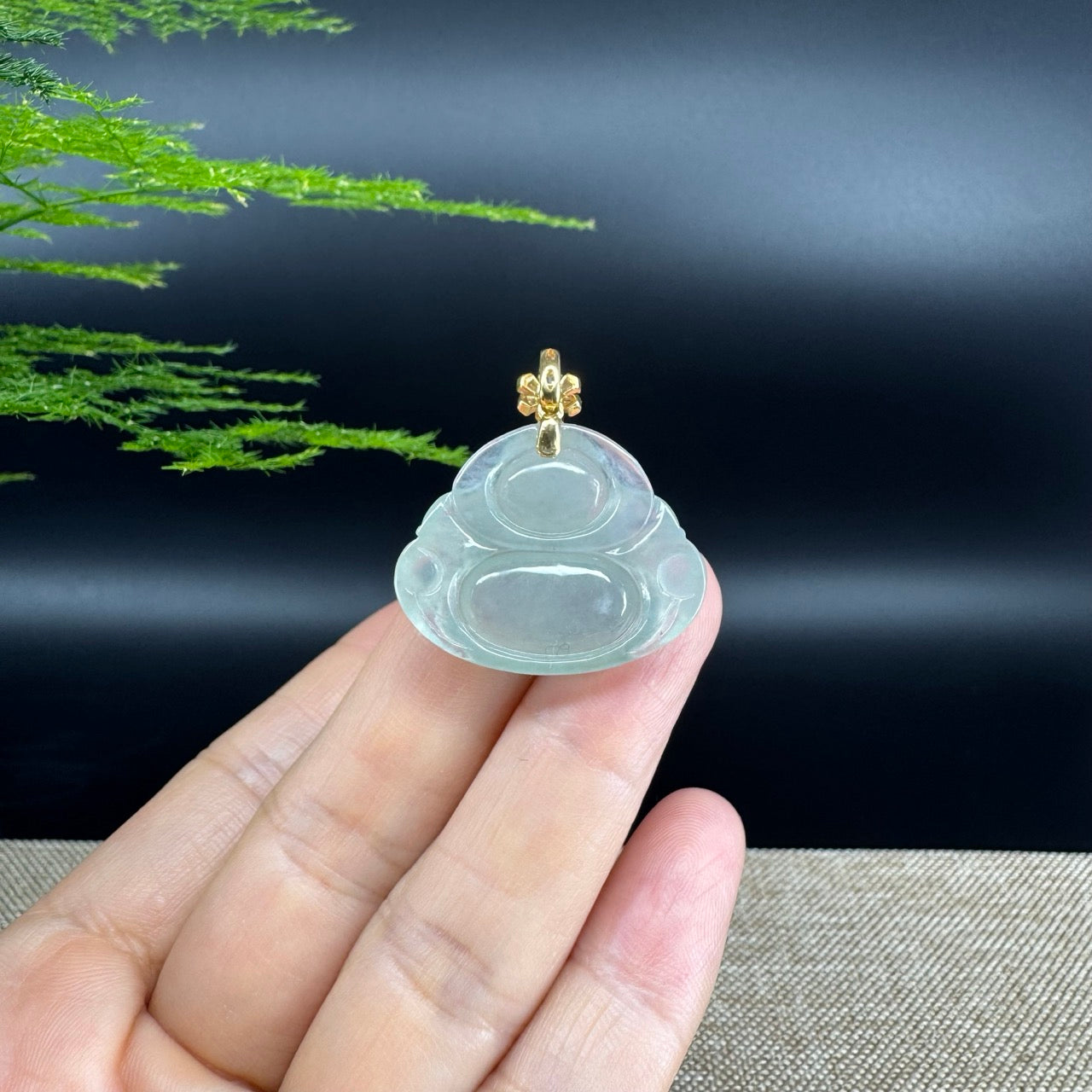 18K Yellow Gold Burmese Icy Green Jadeite Jade Happy Buddha Pendant