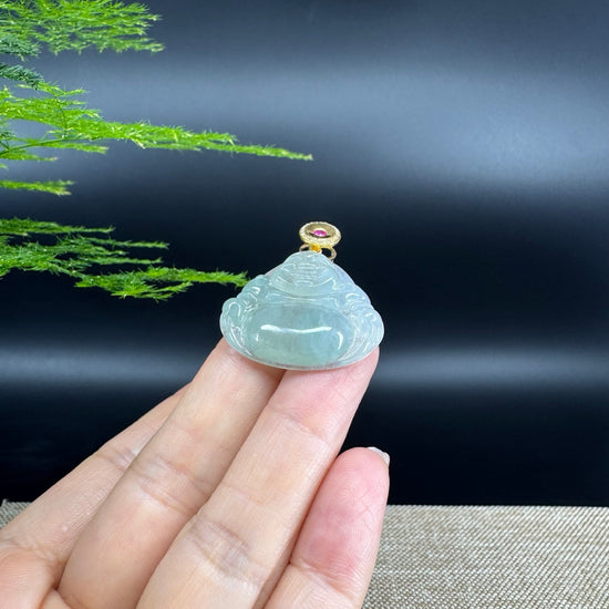 18K Yellow Gold Burmese Icy Green Jadeite Jade Happy Buddha Pendant