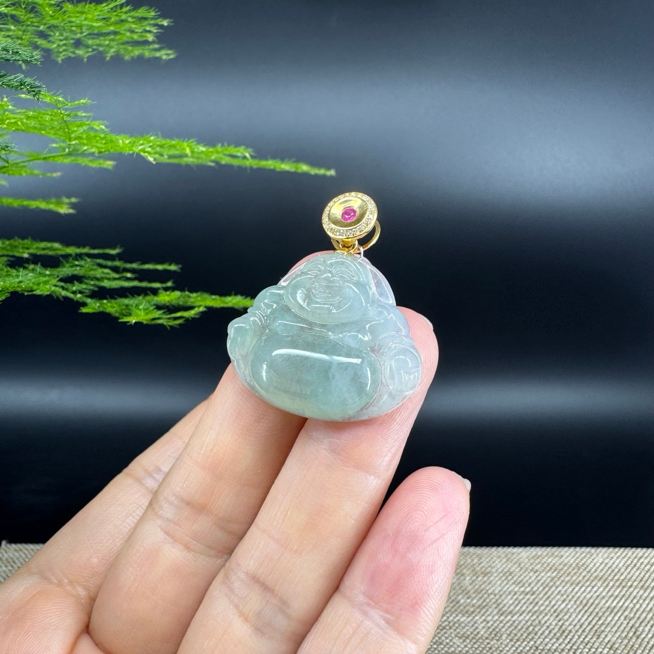 18K Yellow Gold Burmese Icy Green Jadeite Jade Happy Buddha Pendant