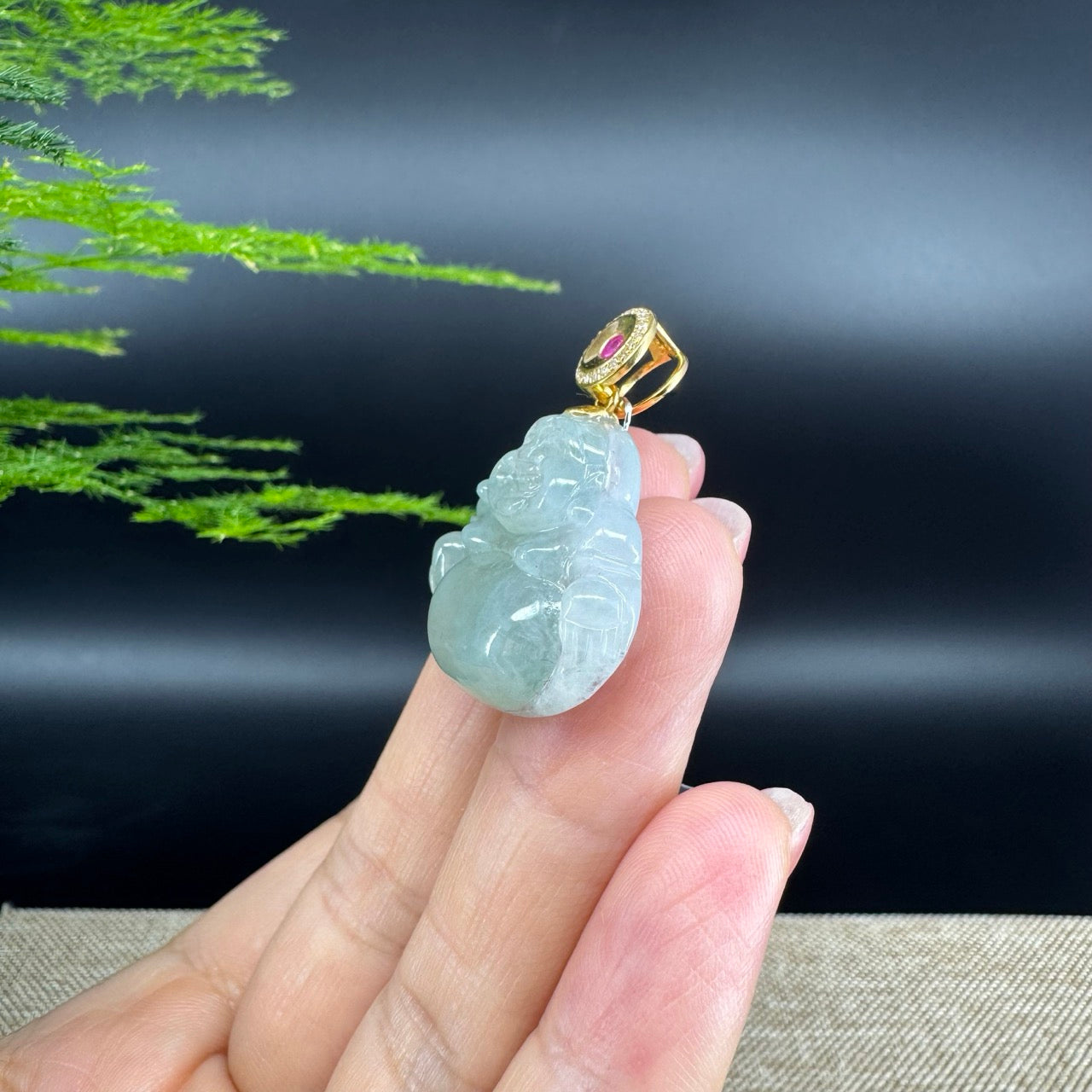 18K Yellow Gold Burmese Icy Green Jadeite Jade Happy Buddha Pendant