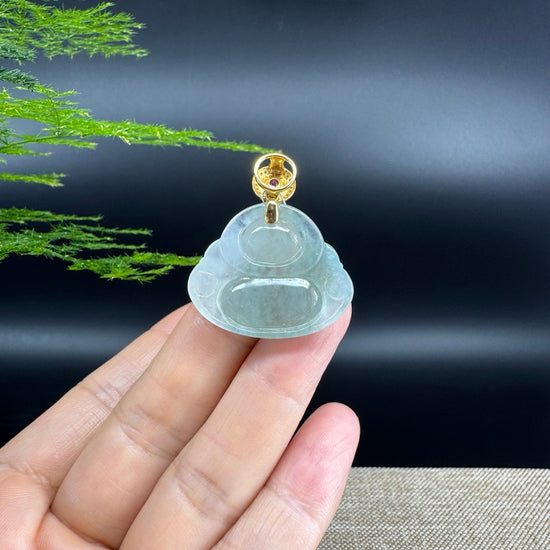18K Yellow Gold Burmese Icy Green Jadeite Jade Happy Buddha Pendant