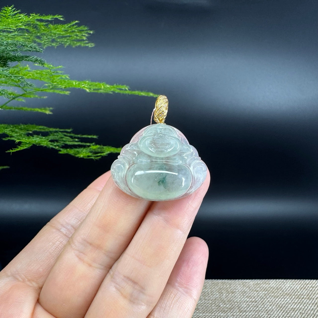 18K Yellow Gold Burmese Icy Green Jadeite Jade Happy Buddha Pendant