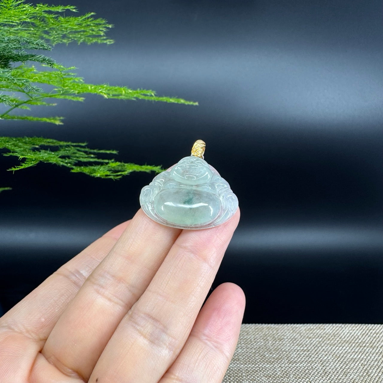 18K Yellow Gold Burmese Icy Green Jadeite Jade Happy Buddha Pendant