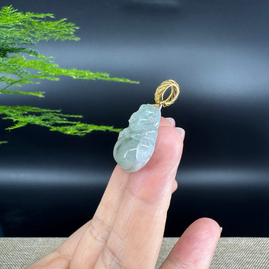 18K Yellow Gold Burmese Icy Green Jadeite Jade Happy Buddha Pendant