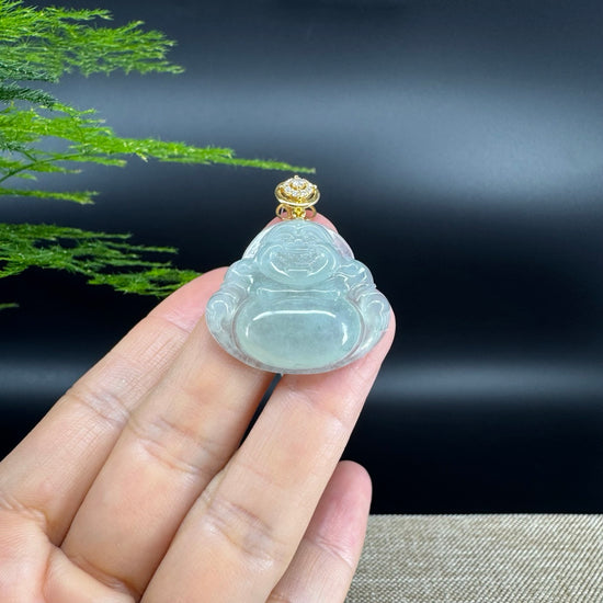 18K Yellow Gold Burmese Icy Green Jadeite Jade Happy Buddha Pendant
