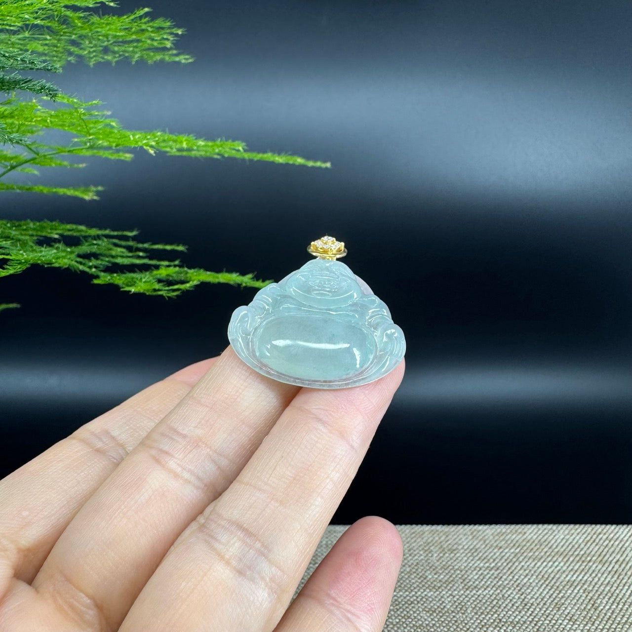 18K Yellow Gold Burmese Icy Green Jadeite Jade Happy Buddha Pendant