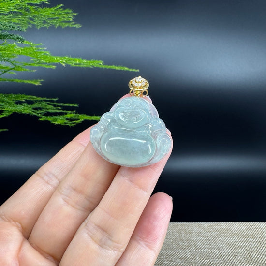 18K Yellow Gold Burmese Icy Green Jadeite Jade Happy Buddha Pendant