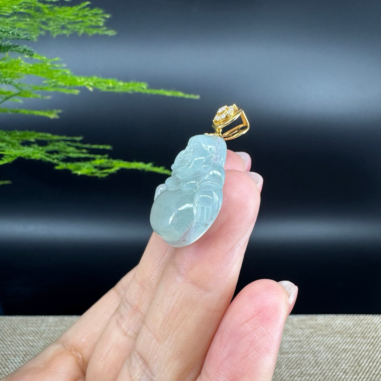 18K Yellow Gold Burmese Icy Green Jadeite Jade Happy Buddha Pendant