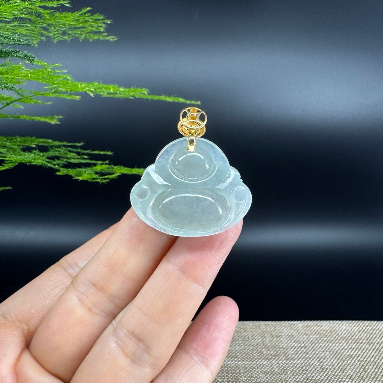18K Yellow Gold Burmese Icy Green Jadeite Jade Happy Buddha Pendant