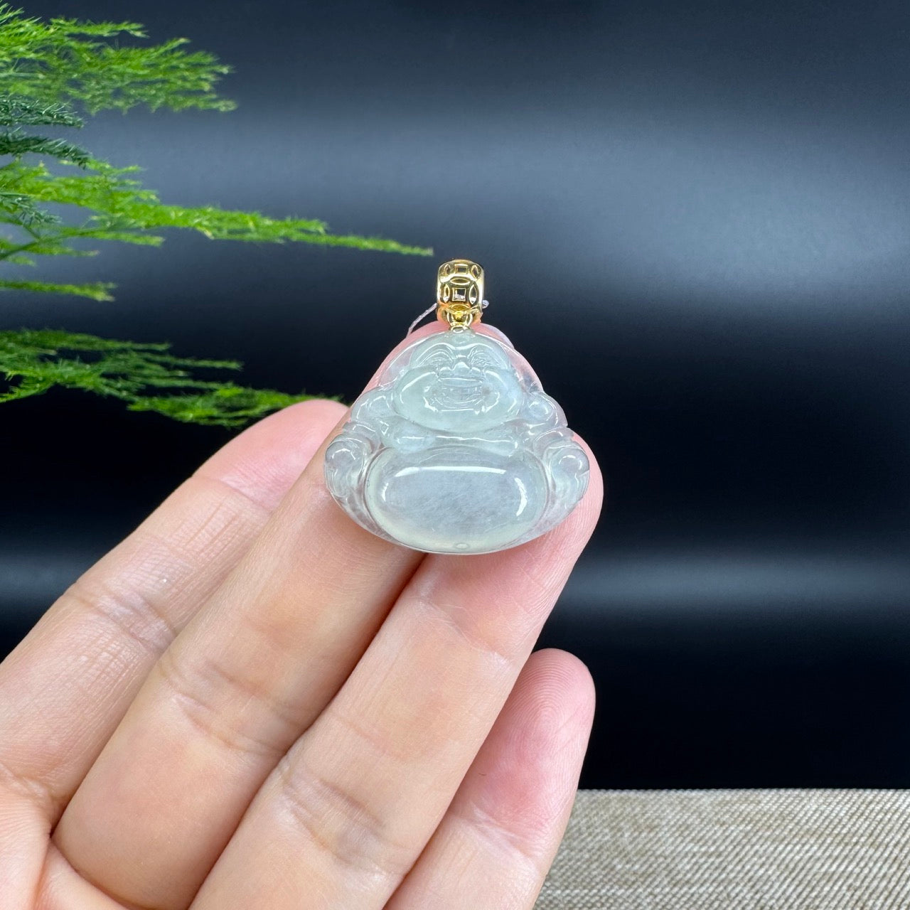18K Yellow Gold Burmese Icy Green Jadeite Jade Happy Buddha Pendant