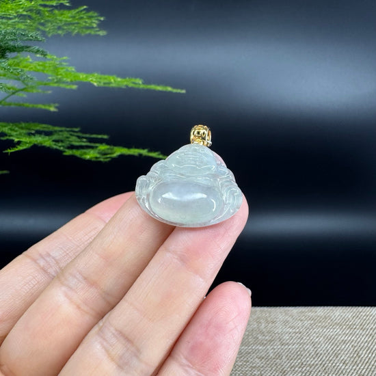 18K Yellow Gold Burmese Icy Green Jadeite Jade Happy Buddha Pendant