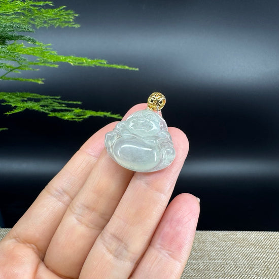 18K Yellow Gold Burmese Icy Green Jadeite Jade Happy Buddha Pendant