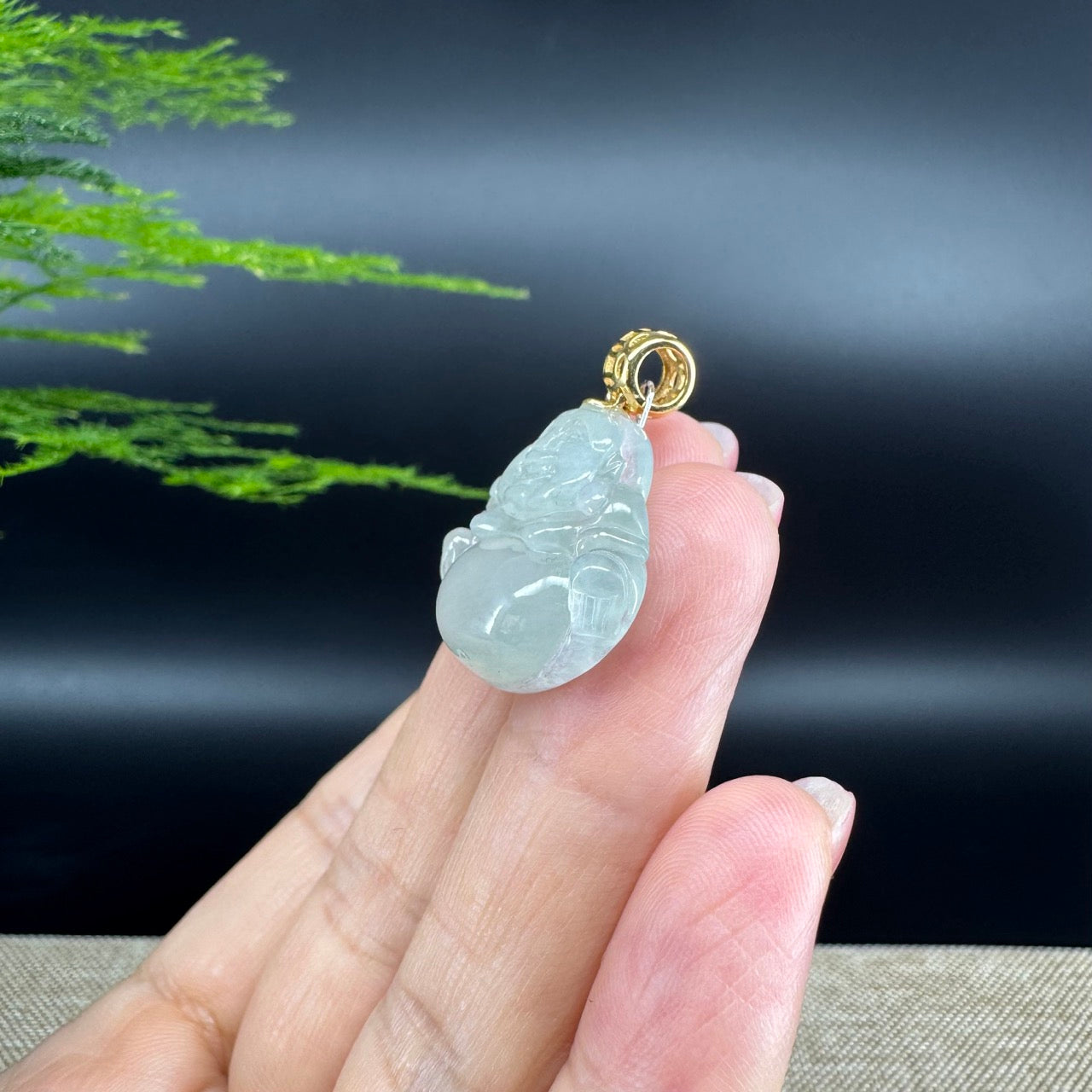 18K Yellow Gold Burmese Icy Green Jadeite Jade Happy Buddha Pendant