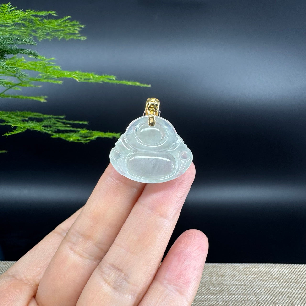 18K Yellow Gold Burmese Icy Green Jadeite Jade Happy Buddha Pendant