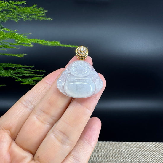18K Yellow Gold Burmese Icy Jadeite Jade Happy Buddha Pendant