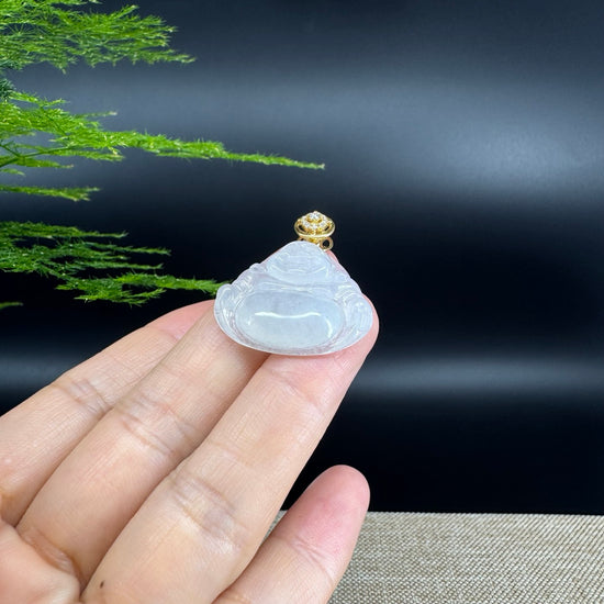18K Yellow Gold Burmese Icy Jadeite Jade Happy Buddha Pendant
