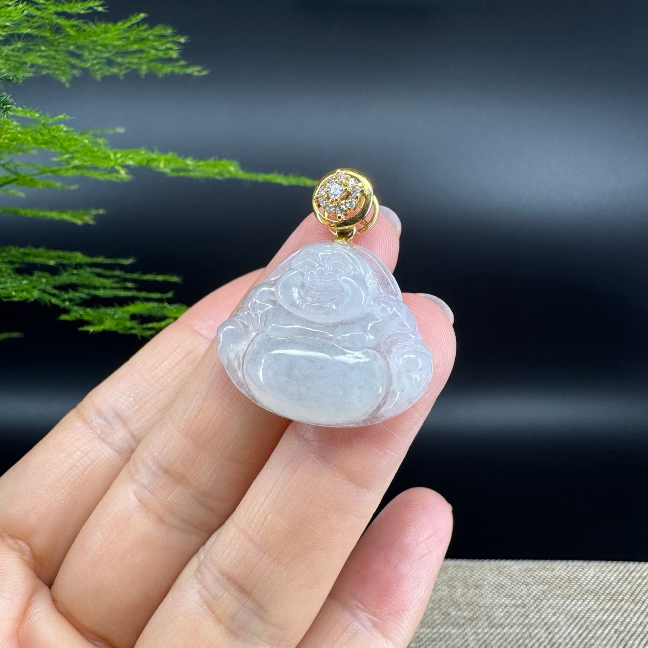 18K Yellow Gold Burmese Icy Jadeite Jade Happy Buddha Pendant
