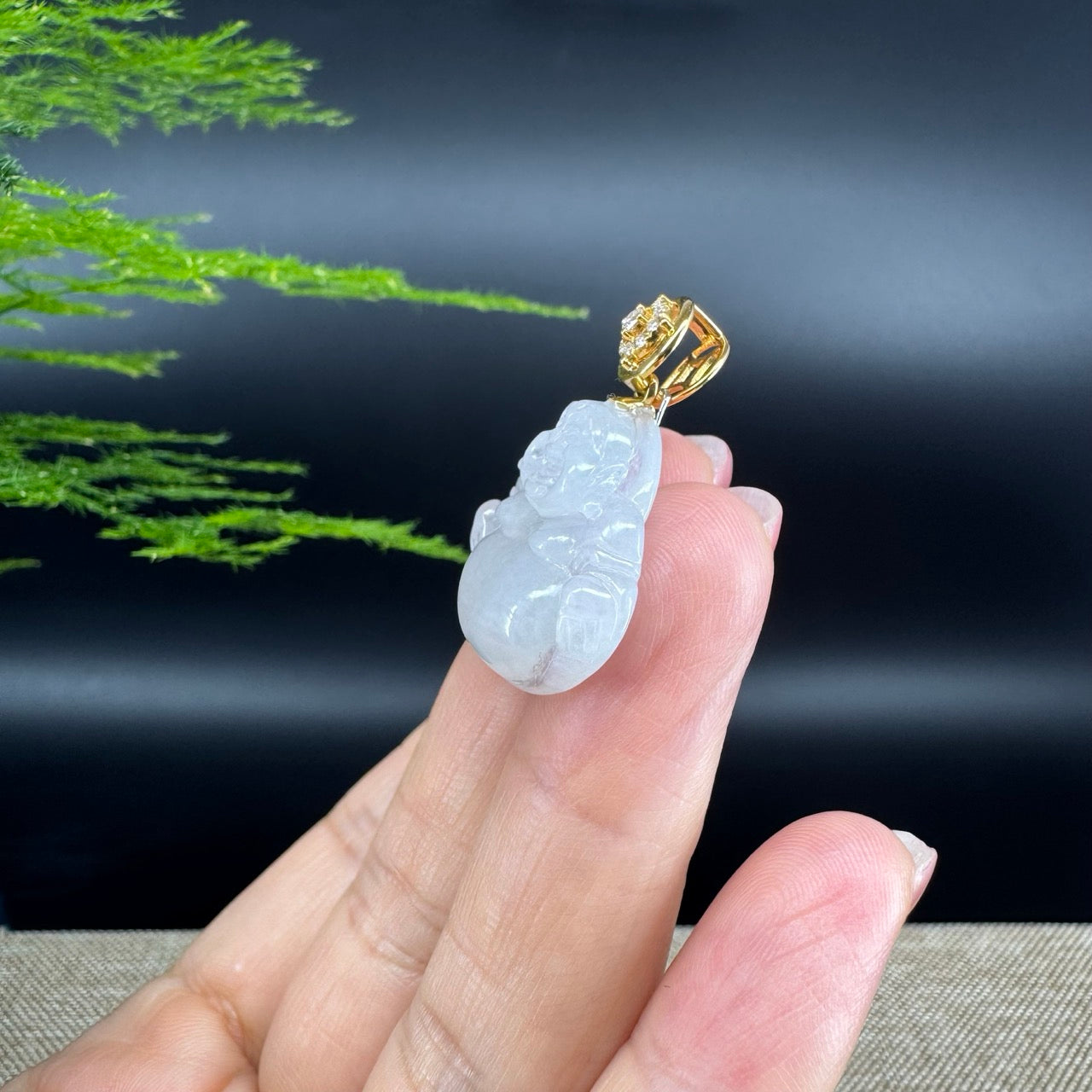 18K Yellow Gold Burmese Icy Jadeite Jade Happy Buddha Pendant