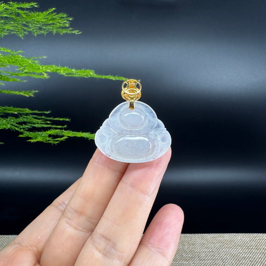 18K Yellow Gold Burmese Icy Jadeite Jade Happy Buddha Pendant