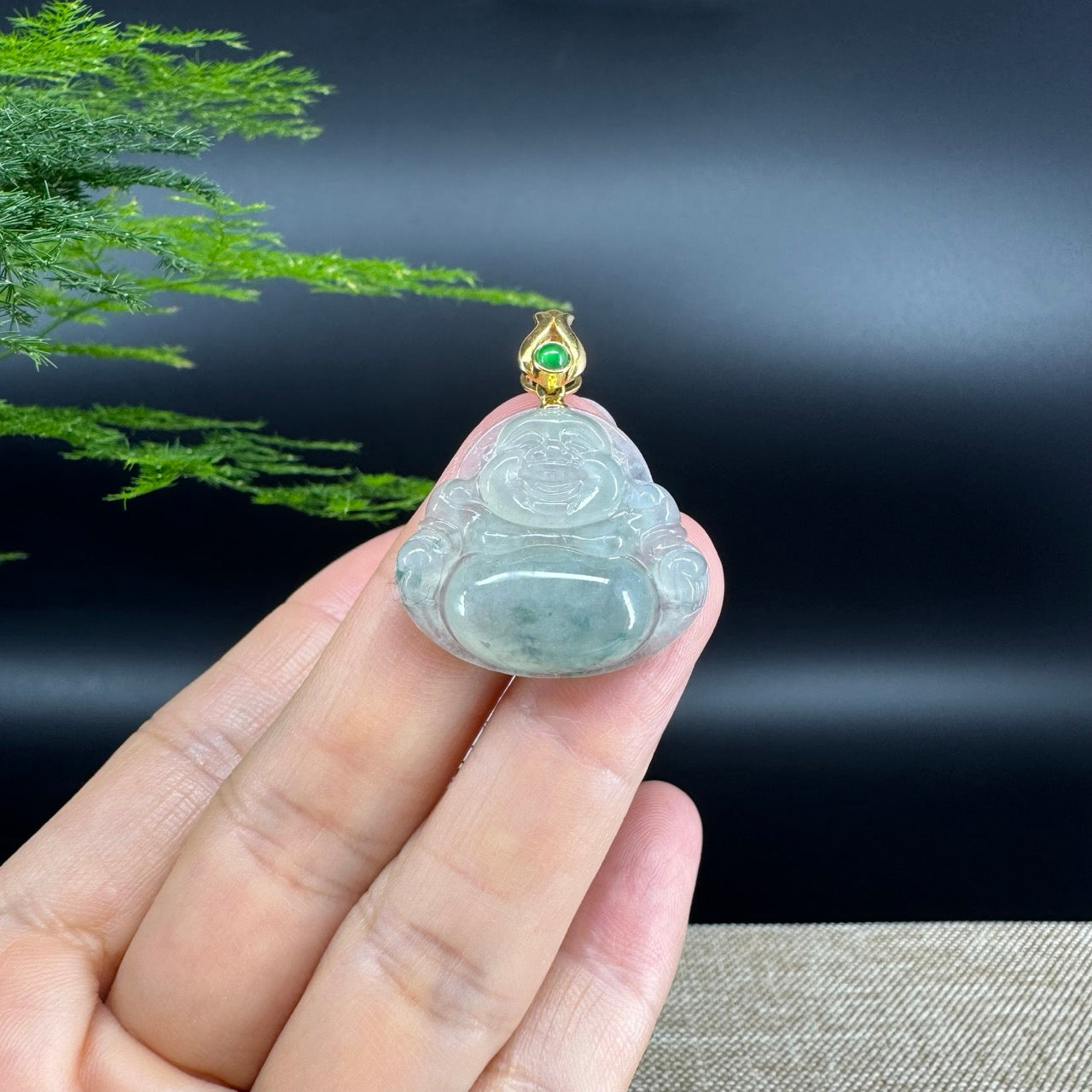 18K Yellow Gold Burmese Icy Green Jadeite Jade Happy Buddha Pendant